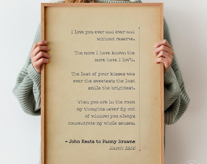 John Keats Love Letter Quote Print - Fanny Brawne Romantic Poster, Literary Wall Art, Anniversary Gift