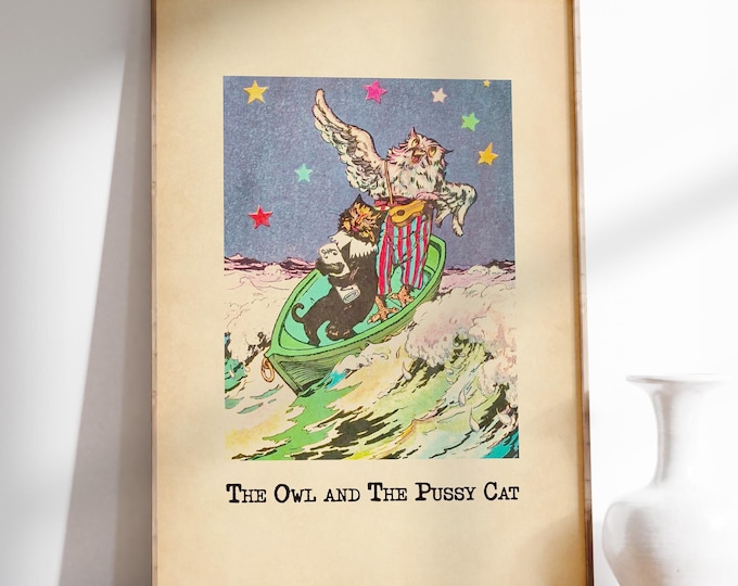 Owl and The Pussycat Nursery Print - Colourful Vintage Book Page Art, Framed or Unframed