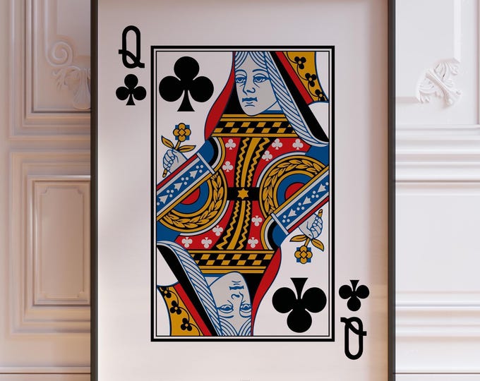 Queen Of Clubs Poster Print - Poker Hand Wall Art Print, Queen Wall Deco, Black Jack Card Sign