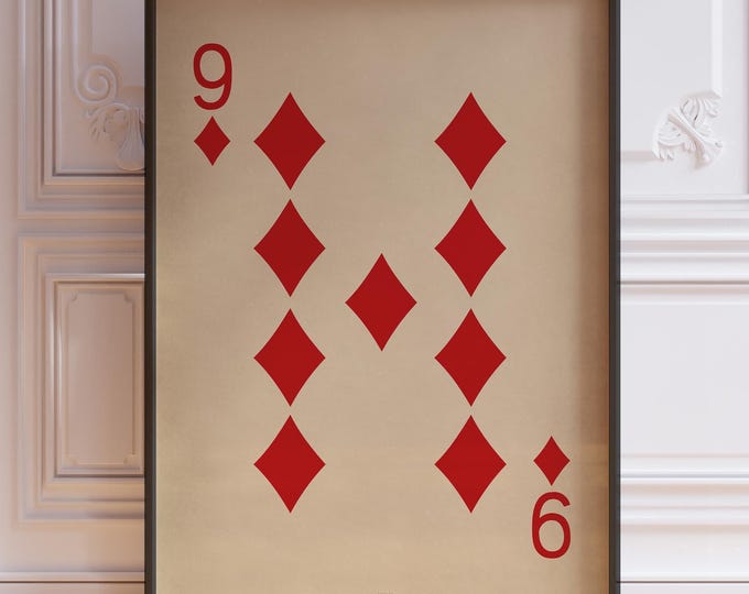 Nine Of Diamonds Poster Print, Nine Diamonds Wall Decor, Vintage Playing Cards Wall Art Print, Red Card Deck Print | PRINTED