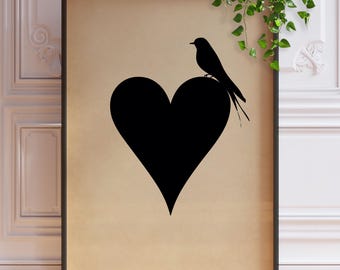 Bird on Heart Silhouette Art Print – Minimalist Love Wall Art, Romantic Bedroom Decor, Pretty Bedroom Poster, Framed or Unframed