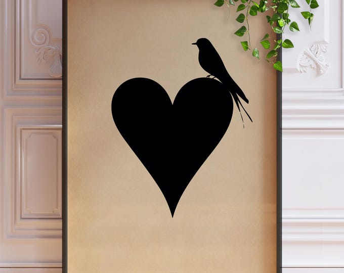 Bird on Heart Silhouette Art Print – Minimalist Love Wall Art, Romantic Bedroom Decor, Pretty Bedroom Poster, Framed or Unframed