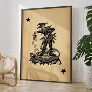 Impresión artística de naipes Joker antiguos, escala de grises monótona negra, decoración rústica para sala de juegos, regalo para jugador de canasta y rummy / Opciones de marco impreso