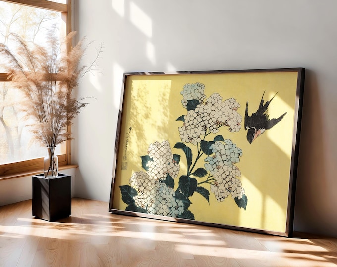Floral Wall Art Print - Japandi Yellow Hydrangea, Minimalist Bird Design
