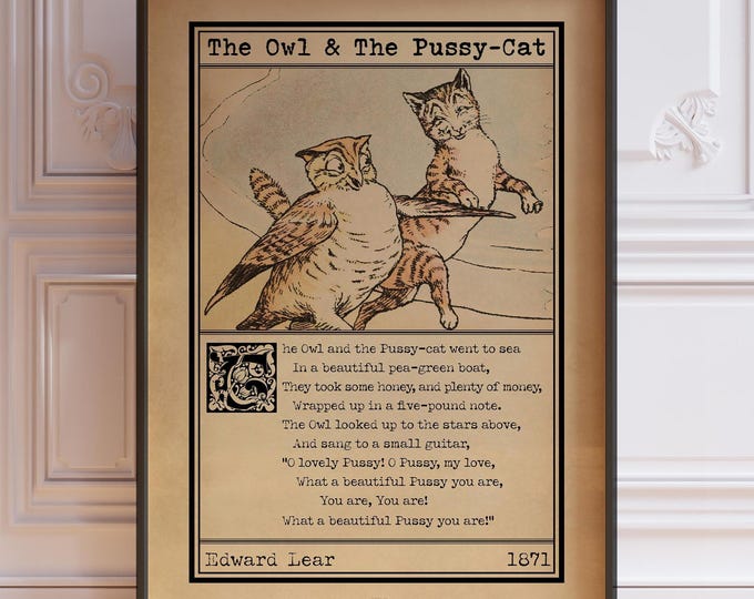 The Owl and The Pussy-Cat Print - Vintage Children's Poem Wall Art, Framed or Unframed Poster