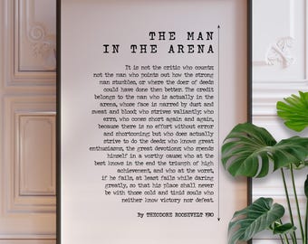 The Man In The Arena Poster Print | Citizenship in a Republic Speech by Theodore Roosevelt | Simple Black and White Typography | PRINTED