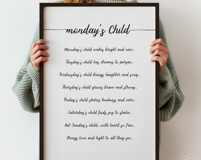Monday's Child Poem Print - Nursery Rhyme Wall Art in Script Font, Contemporary Version, Personalised New Born Baby Shower Gift