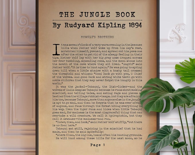 The Jungle Book Page Print - Rudyard Kipling Wall Art, Classic Literature, Framed or Unframed Poster