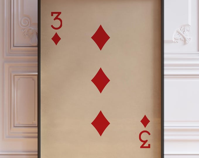 Three Of Diamonds Poster Print, Vintage Playing Cards Wall Art Print, Red Card Deck Print, Number Three Wall Decor | PRINTED