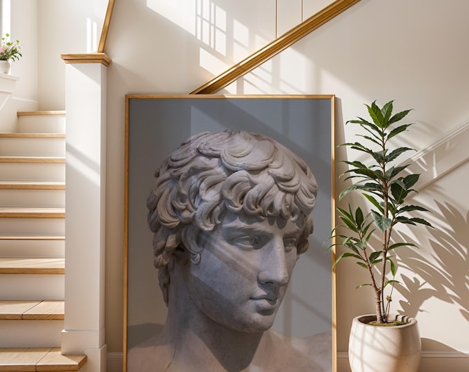 Antinoos of Bithynia Bust Print - Classical Greek Sculpture Wall Art, Ancient Roman Mythology Poster, Neutral Antique Decor