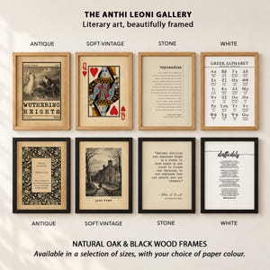 a collection of framed artworks and literary pieces, including antique books, soft- Vintage books, stone books, and white books, all beautifully framed. The artworks are available in various sizes and frame materials, such as natural oak and black wood.