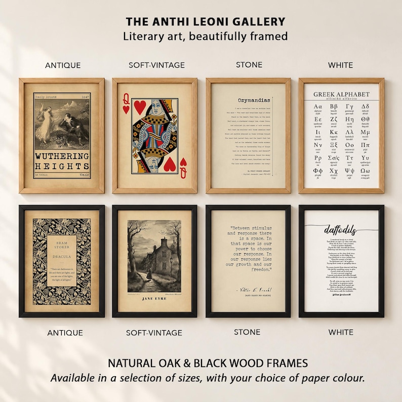 a collection of framed artworks and literary pieces, including antique books, soft- Vintage books, stone books, and white books, all beautifully framed. The artworks are available in various sizes and frame materials, such as natural oak and black wood.