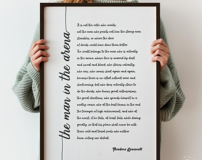 Theodore Roosevelt Quote Print - Woman in the Arena in Script font, Motivational Wall Art