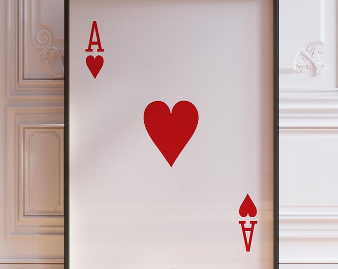 Ace of Hearts Playing Cards Wall Art Print, Red Ace Hearts Card Deck Print, Ace Wall Decor, Bedroom Wall Art | PRINTED