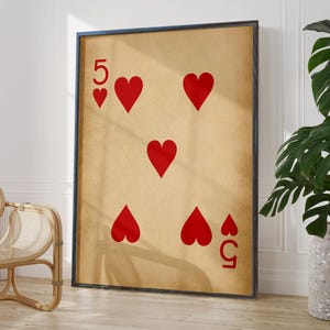 Antieke vijf van harten muurprint rustieke speelkaart muurkunst poster cadeau 5e verjaardag | OPTIES GEDRUKT FRAME