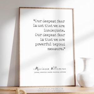 Our Deepest Fear | Poem Quote by Marianne Williamson | Minimalist Simple Poetry Word Art Poster | Typography Wall Art Print | PRINTED