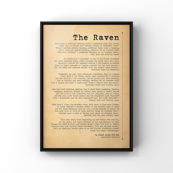 The Raven by Edgar Allan Poe Poster Abridged Version | Famous Classic American Poetry Print | Vintage Style Poem | PRINTED