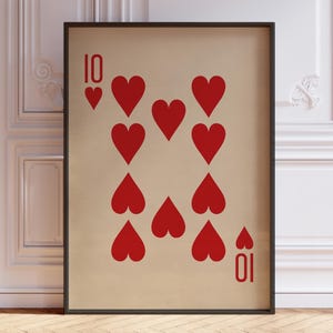 Ten of Hearts posterprint, vintage speelkaarten muurkunst print, rode kaartspel print, tien muur decor, 10 afdrukken | GEDRUKT