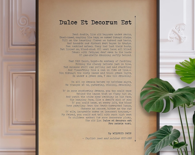 Dulce Et Decorum Est Pro Patria Mori Poster Print By Wildred Owen | Funeral Service Poem | Memorial Servicemen Poetry Verse | PRINTED
