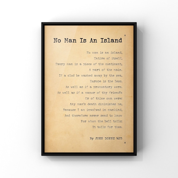 No Man Is An Island by John Donne | No Man Is An Island Print | Mens Office Art | Poetry Wall Art | PRINTED