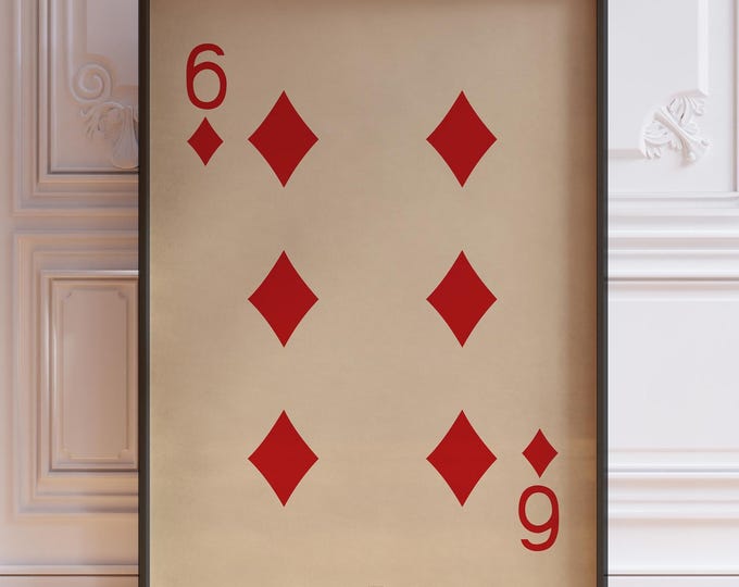 Six Of Diamonds Poster Print, Vintage Playing Cards Wall Art Print, Red Card Deck Print, Number Six Wall Decor | PRINTED
