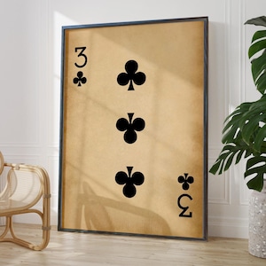 Antique Three Clubs Wall Art Print - Lucky Number 3, Rustic Playing Cards Room Decor, Framed or Unframed