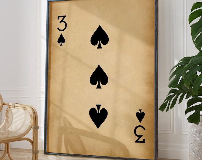 Three of Spades Art Print - Rustic Playing Card Poster, Poker Room Decor