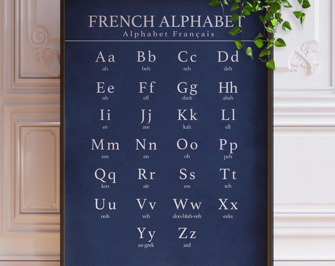 French Language Alphabet Poster - Blue Minimalist Design, Framed or Unframed