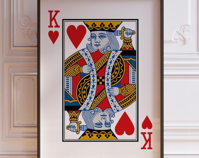 King Of Hearts Playing Cards Wall Art Print, Red Poker Hand Poster Print, Living Room Wall Decor | PRINTED