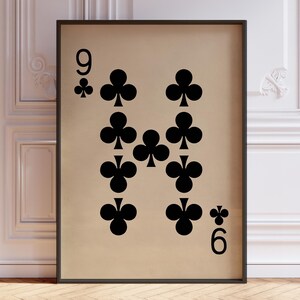 Poster Neuf trèfles, impression d'art mural cartes à jouer vintage, impression jeu de cartes noir, décoration murale numéro 9 | IMPRIMÉ