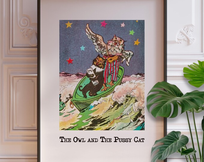 Owl and Pussy Cat Nursery Print - Vintage Children's Illustration, Framed or Unframed Wall Art