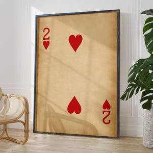 Antieke 2 harten poster print muurkunst rustieke speelkaarten kamer decor geluksgetal 2 cadeau voor haar | OPTIES GEDRUKT FRAME