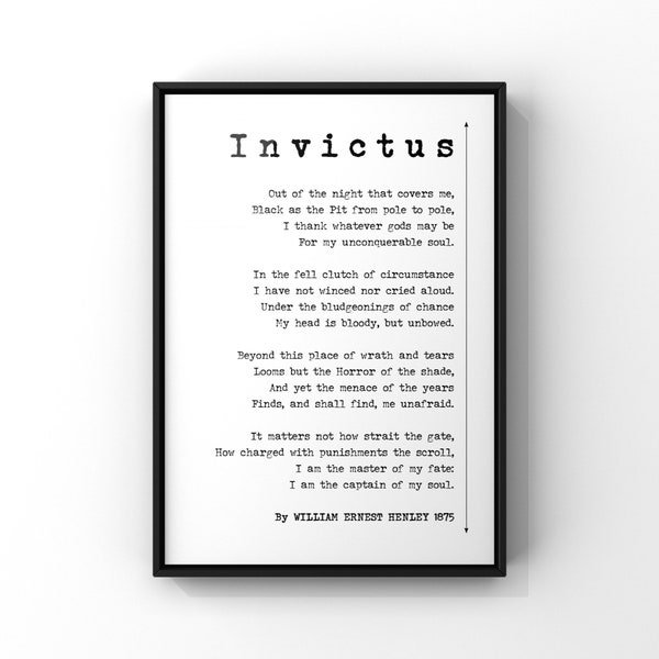 Invictus Poem Print by William Ernest Henley Poster Print | Invictus Poster Art | Literary Wall Decor | PRINTED