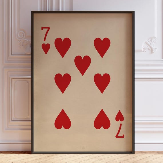 Seven Of Hearts Poster Print, Seven Heart Wall Decor, Vintage Playing Cards Wall Art Print, Red Card Deck Print | PRINTED