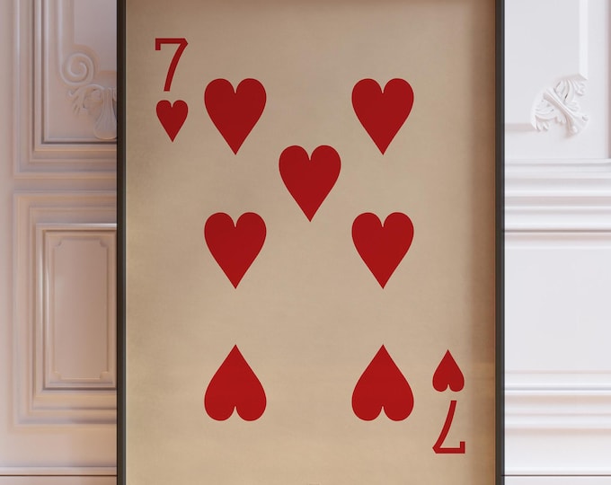 Seven Of Hearts Poster Print, Seven Heart Wall Decor, Vintage Playing Cards Wall Art Print, Red Card Deck Print | PRINTED