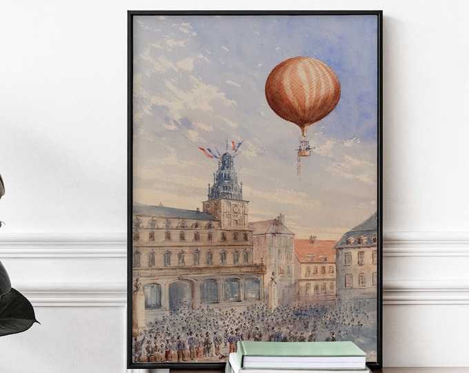 French Hot Air Balloon Print – Vintage Paris Cityscape Poster, Camille Gravis Architecture Wall Art