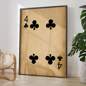 Antique Four of Clubs Wall Decor Lucky Number 4 Rustic Playing Card Poster Print 4th Anniversary Gift For Him | PRINTED FRAME OPTIONS