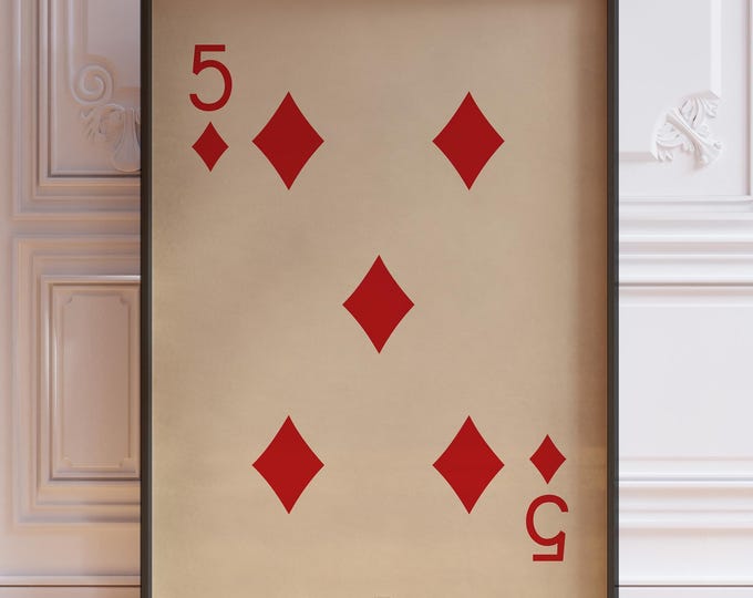Five Of Diamonds Poster Print, Vintage Playing Cards Wall Art Print, Red Card Deck Print, Number Five Wall Decor | PRINTED