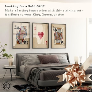 Set of three vintage-style playing card wall art prints featuring the Queen of Clubs, Ace of Hearts, and King of Spades, displayed above a modern grey bed with warm lighting and gift ribbon – a bold bedroom gift idea for card lovers or romantic partners.
