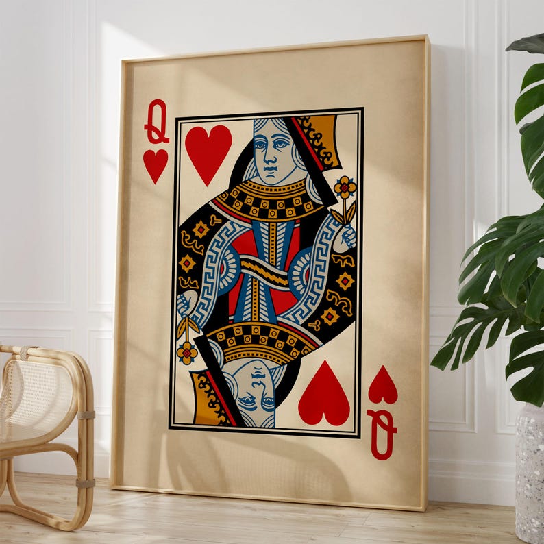 Queen Of Hearts Poster Print - Vintage Picture Playing Cards, Card Deck Heart Art, Queen Wall Decor, Framed or Unframed image 5