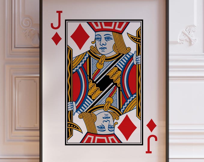 Jack Of Diamonds Poster Print, White Playing Card Wall Art Print, Red Jack Card Deck Print, Jack Wall Decor | PRINTED