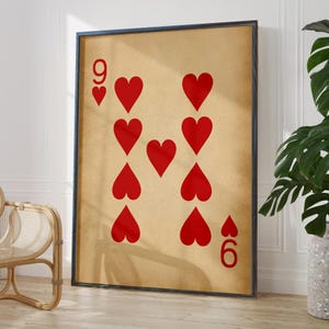 Arte de pared antiguo con el Nueve de Corazones, número de la suerte 9, regalo para el noveno aniversario, impresión artística rústica con naipes // Opciones de marco impreso