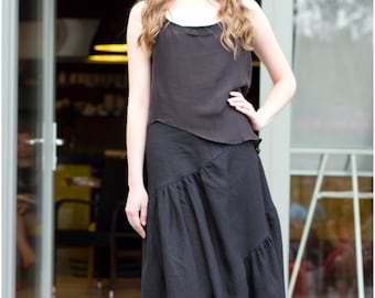 Black midi dress, Black linen dress, Linen dress