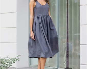 Gray linen dress, Midi linen dress, linen clothing, Linen dress