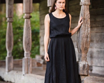 Black linen dress, Midi dress, Linen dress