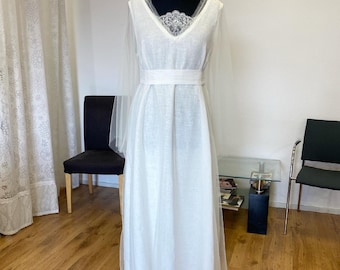 Linen wedding dress/ White Linen tulle dress