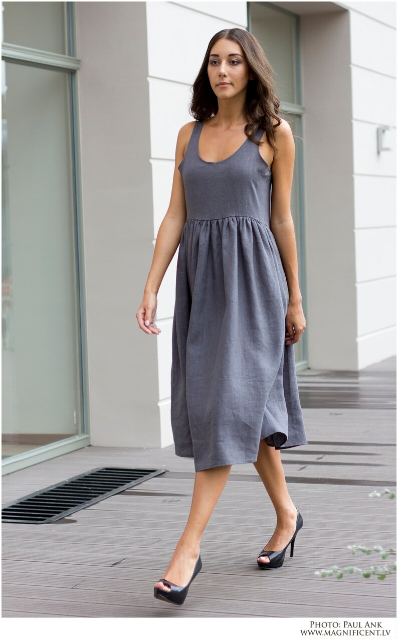 Gray Linen Dress, Midi Linen Dress, Linen Clothing, Linen Dress Etsy