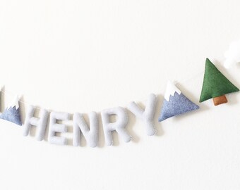 Mountain and Tree Name Banner - Mountain Nursery Decor - Baby Name Banner - Felt Name Banner - Felt Banner - Baby Shower Gift