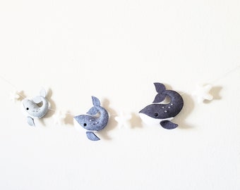 Whale Garland – Felt Whale - Nautical Theme - Monochrome Decor – Whale Banner - Under the Sea Nursery – Playroom Decor
