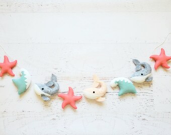 Whale  and Wave Garland – Felt Whale - Nautical Theme – Whale Banner - Under the Sea Nursery – Playroom Decor
